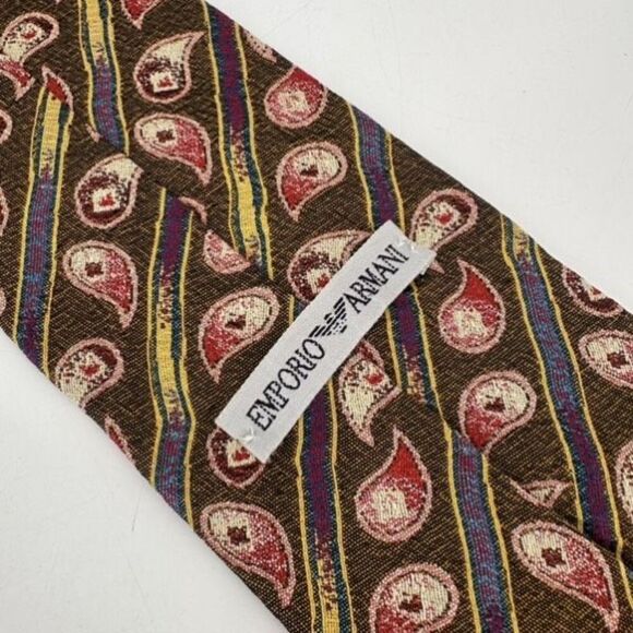 Emporio Armani Men's 100% Silk‎ Paisley Print Made In Italy Neck Tie Brown Red - Picture 3 of 12